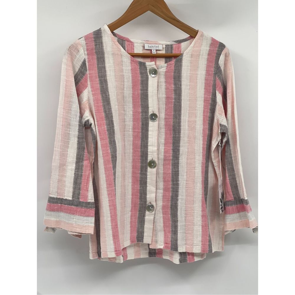Habitat Linen Short Top Button Up Women XS Pink White Gray Stripe Long Sleeve Ne
